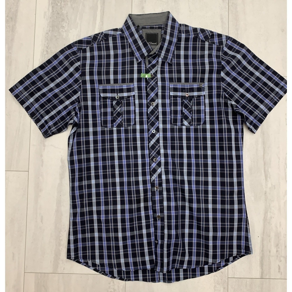7 Diamonds Button Down Navy Blue Plaid Men' Short Sleeve XL